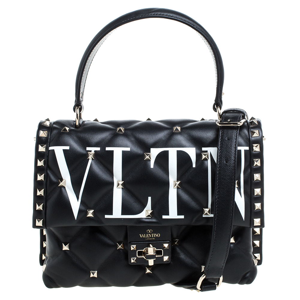 Valentino Black Quilted Leather VLTN Candystud Top Handle Bag