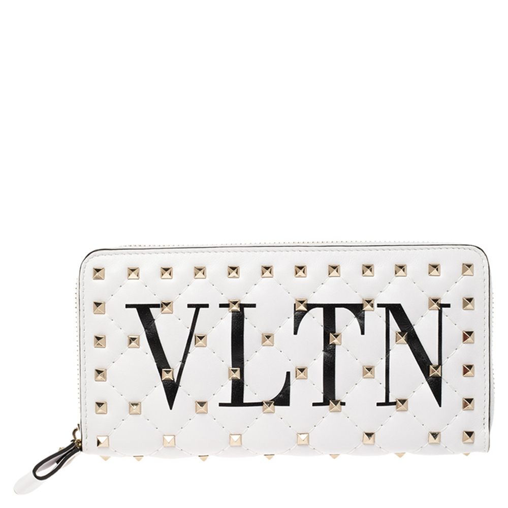 Valentino White Quilted Leather VLTN Rockstud Spike.It Continental Wallet