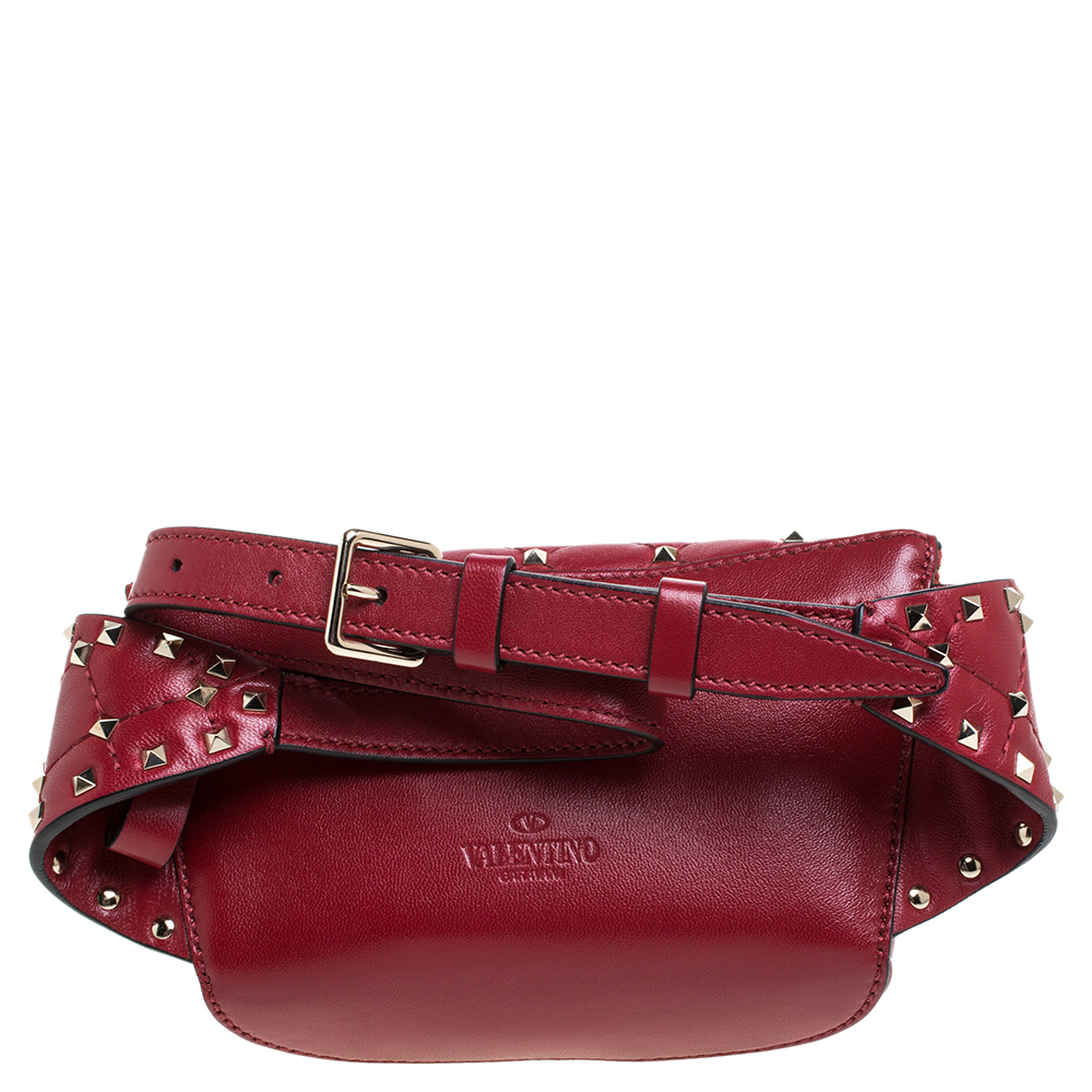 

Valentino Red Quilted Leather Rockstud Spike Belt Bag Size