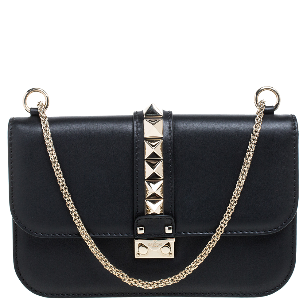 Valentino Black Leather Glam Lock Chain Shoulder Bag