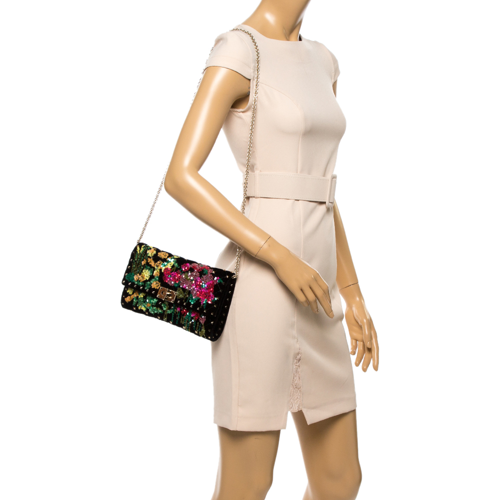 

Valentino Black Quilted Velvet Embroidery Rockstud Spike Shoulder Bag
