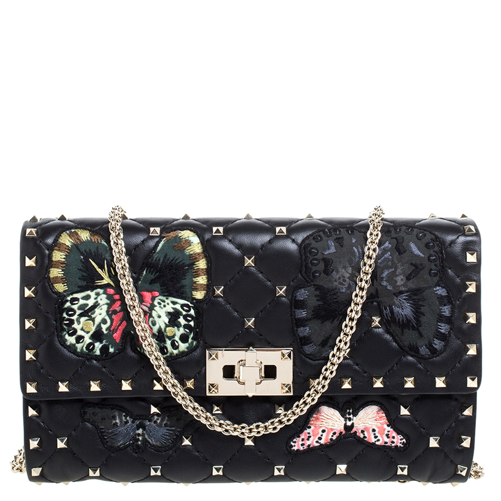 Valentino Black Quilted Leather Rockstud Spike.It With Butterfly Patches Shoulder Bag
