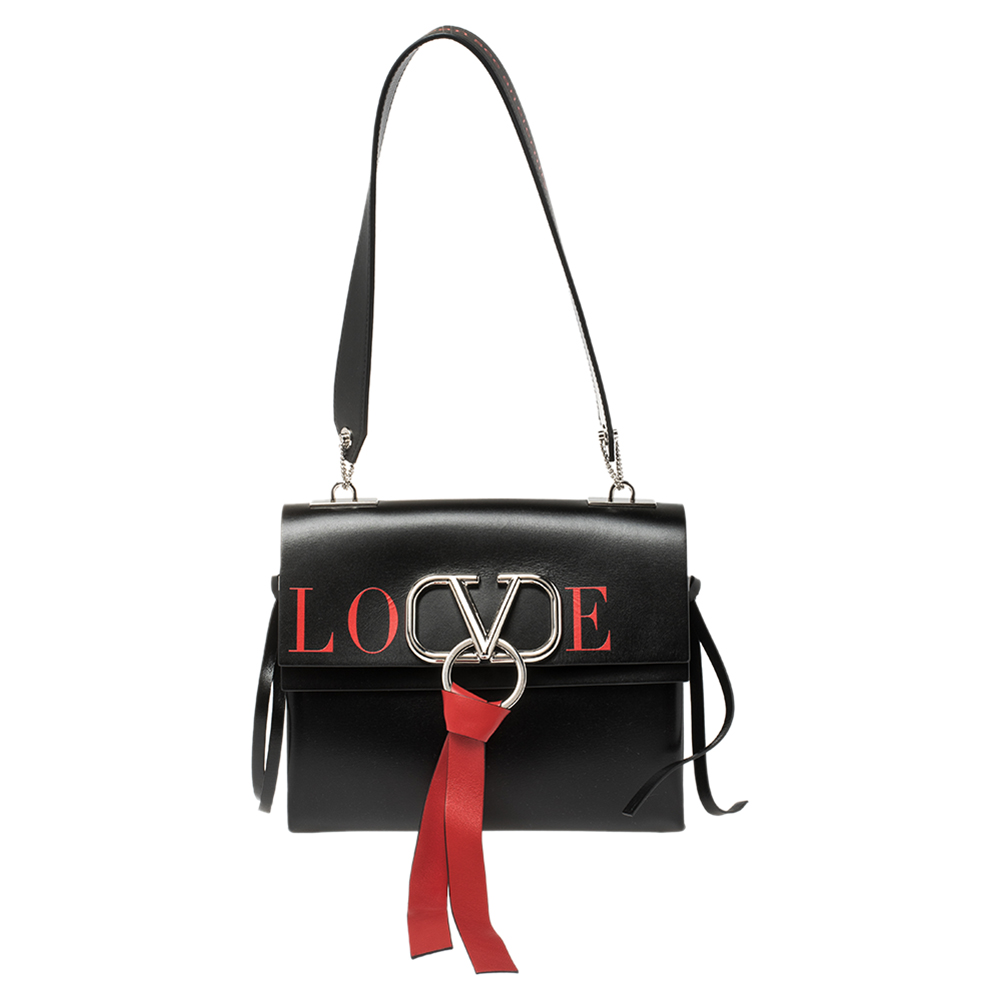 Valentino Black Leather Small VRING LOVE Shoulder Bag