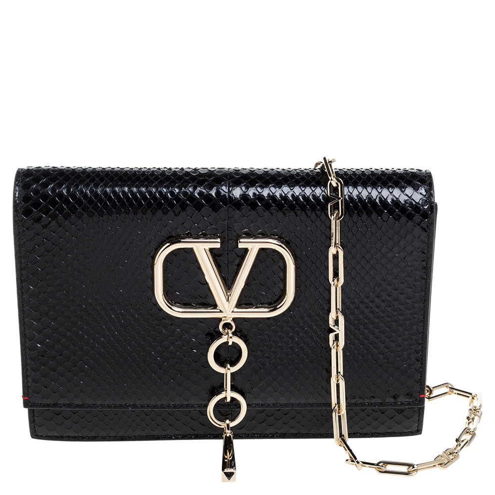 Valentino Black Glossy Python Small VCASE Shoulder Bag