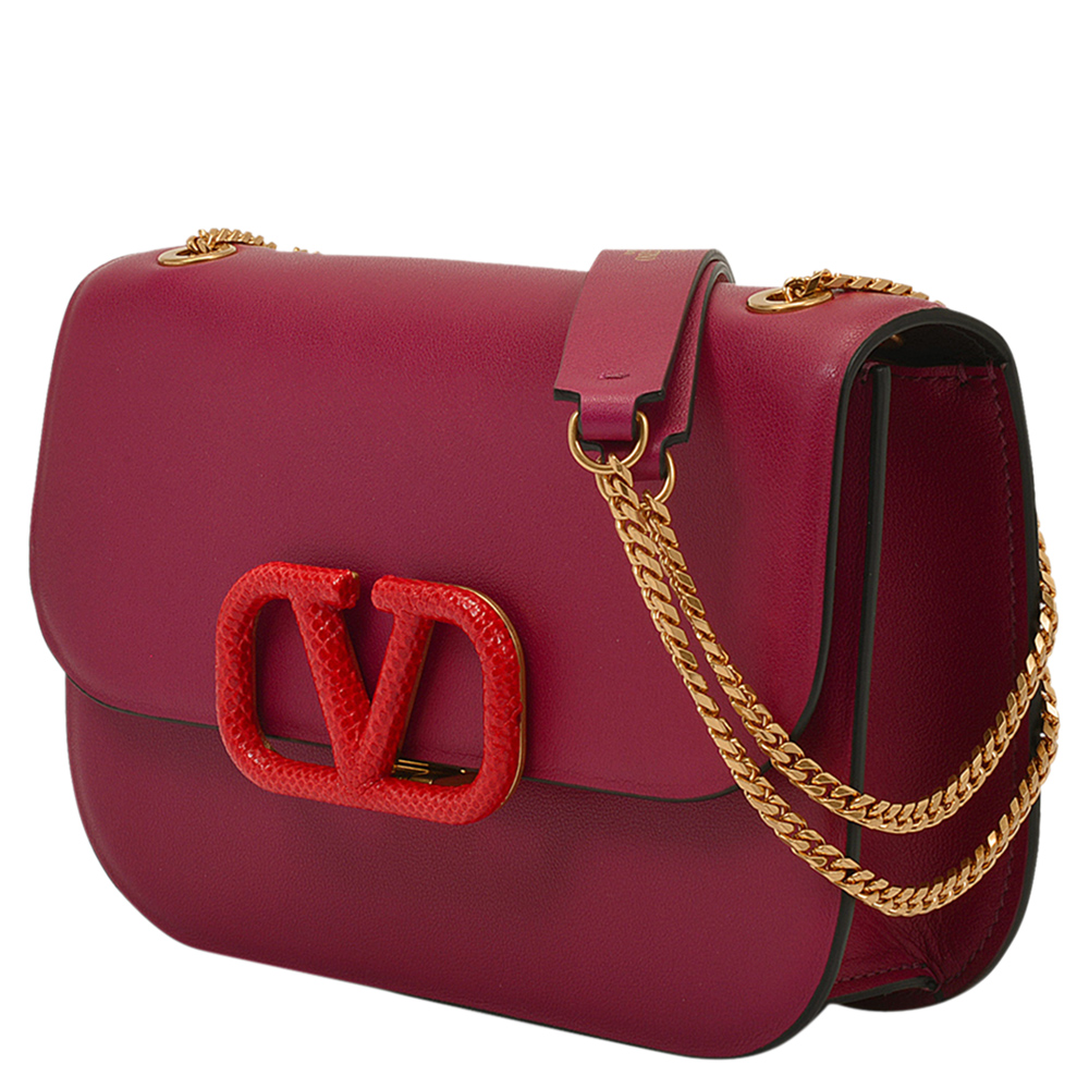 

Valentino Garavani Pink/Red Leather V lock Small Chain Shoulder Bag