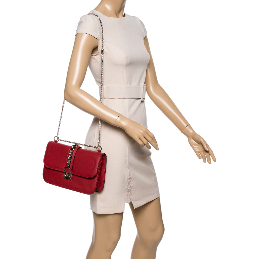 

Valentino Red Leather  Rockstud Glam Lock Shoulder Bag