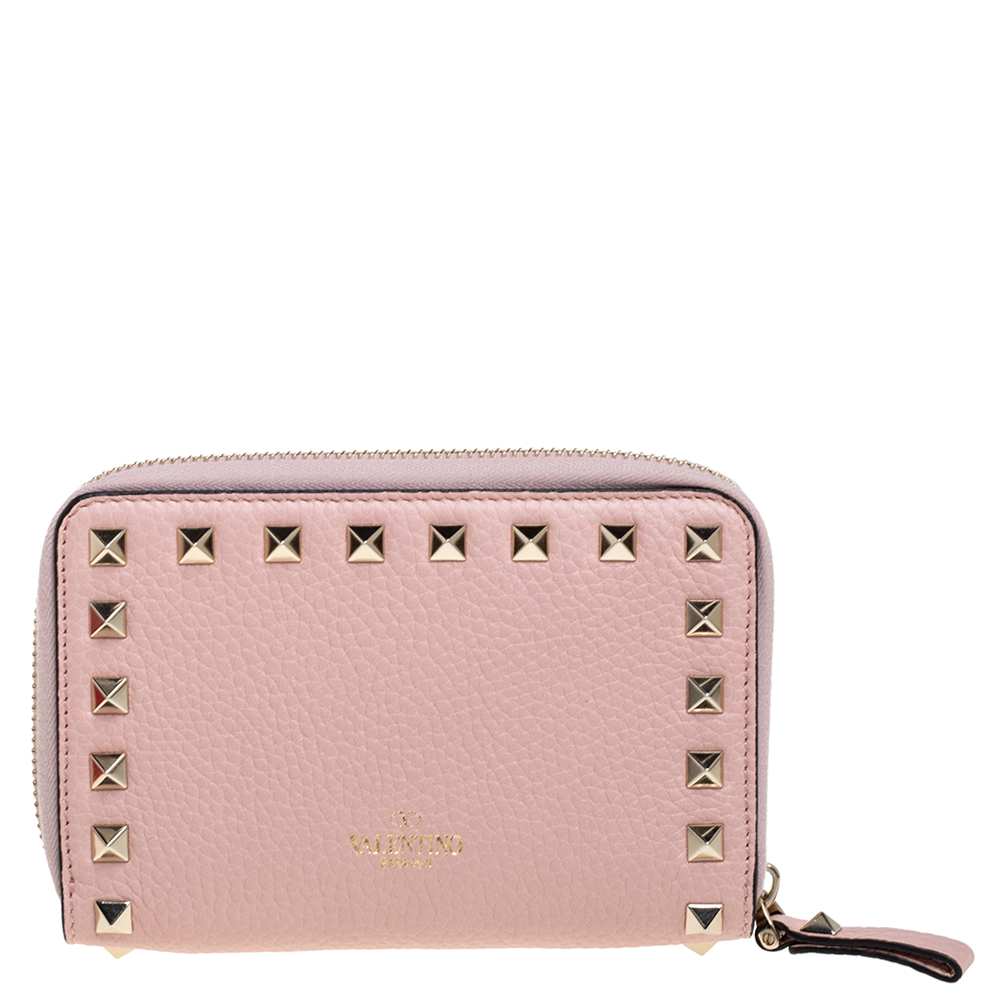 

Valentino Blush Pink Leather Rockstud Zip Around Wallet