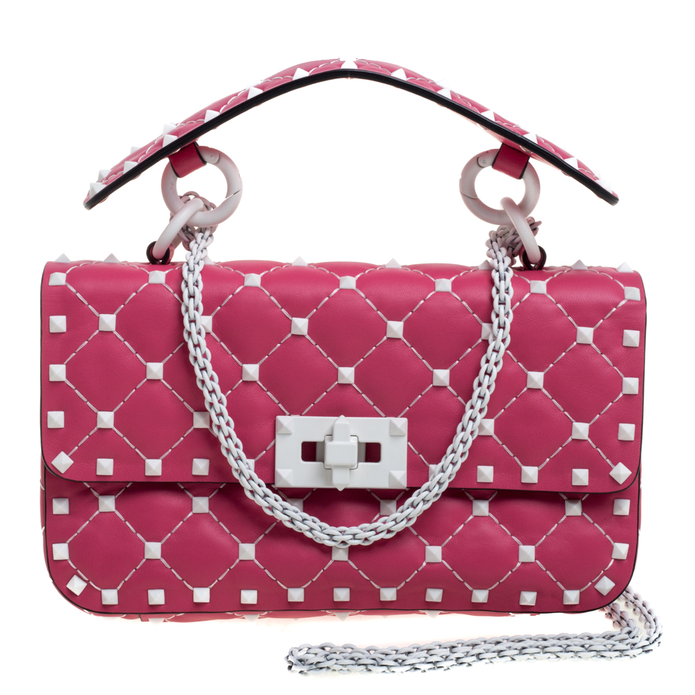 Pre Owned Valentino Pink Quilted Leather Small Rockstud Spike Chain Shoulder Bag