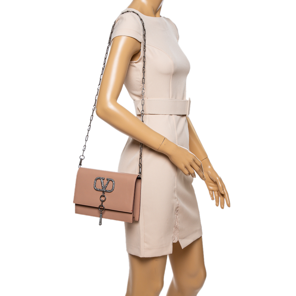 

Valentino Rose Canelle Leather Small VCASE With Swarovski Crystals Logo Shoulder Bag, Pink