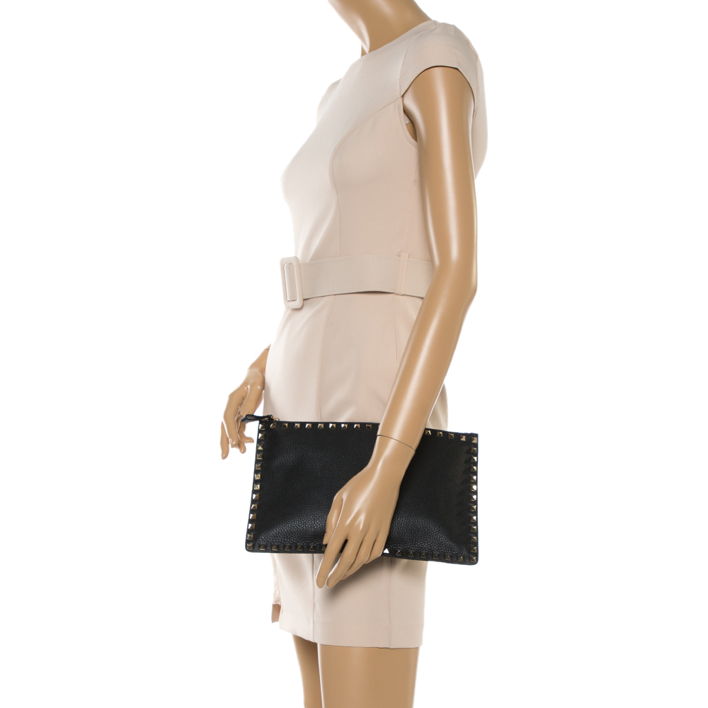 

Valentino Black Leather Large Rockstud Zip Clutch