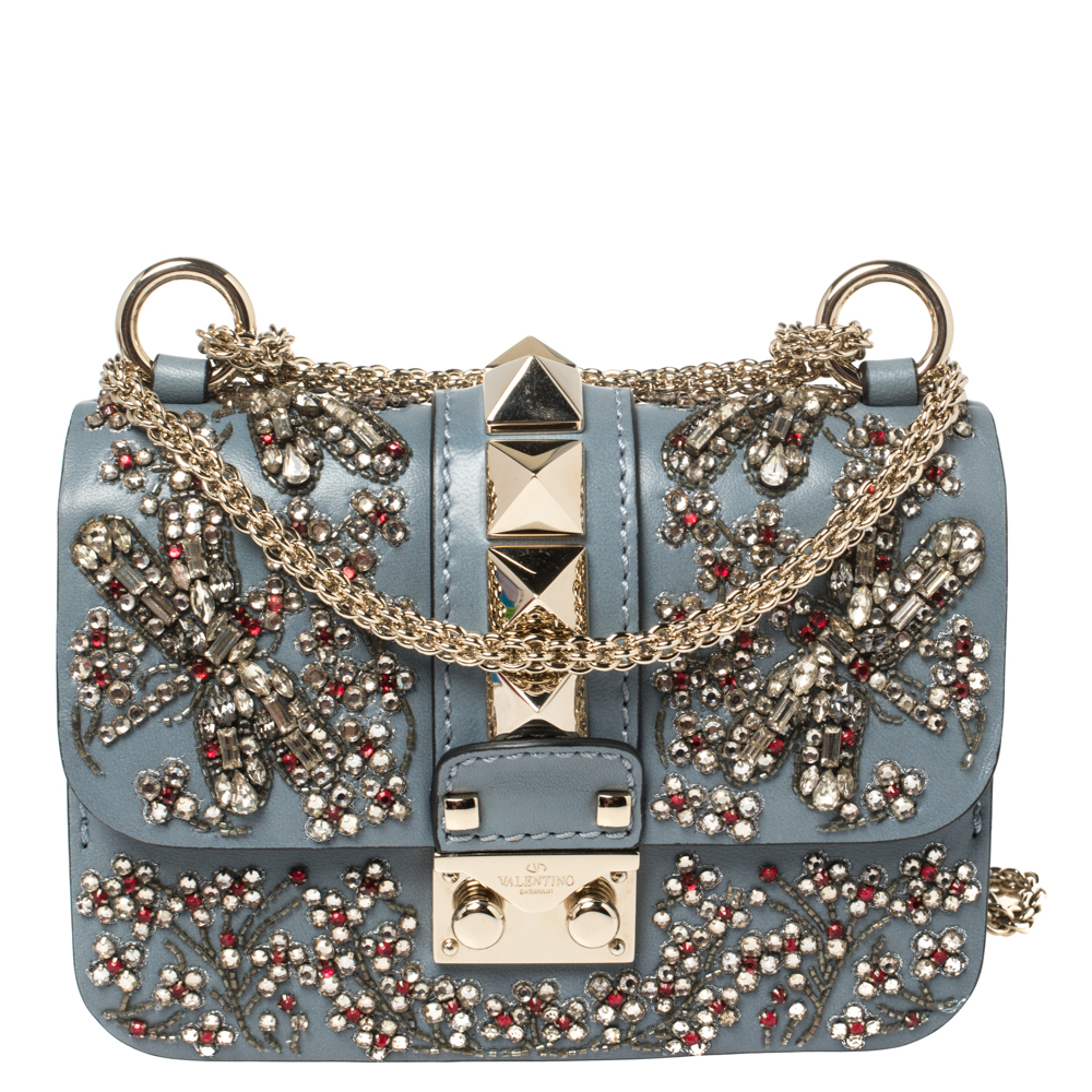 مملوكة مسبقًا Valentino Blue Leather Beads Embellished Mini Rockstud Glam Lock Shoulder Bag