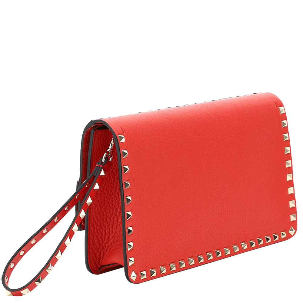 

Valentino Garavani Red Grained Leather Rockstud Clutch Bag