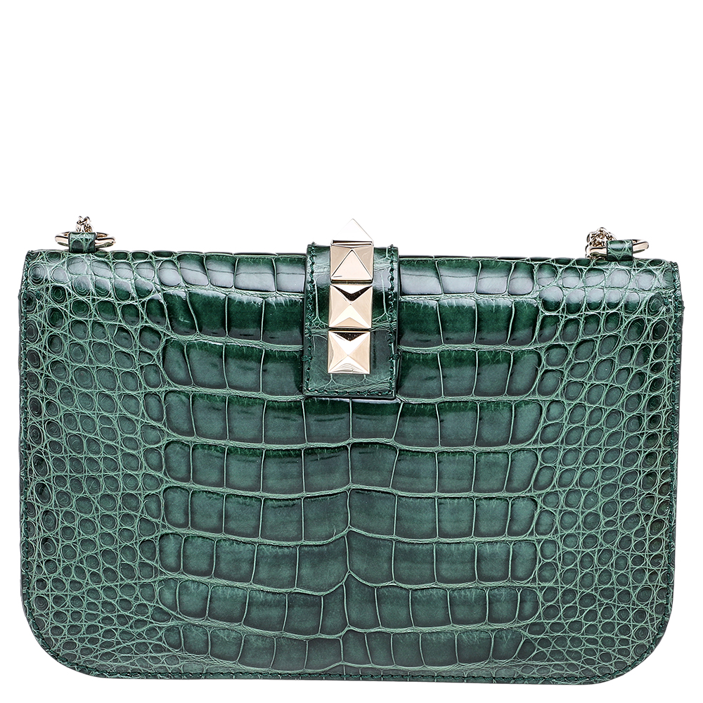 

Valentino Green Croc Embossed Leather V Lock Medium Shoulder Bag