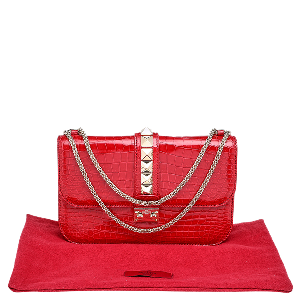 

Valentino Red Croc Embossed Leather V Lock Medium Shoulder Bag