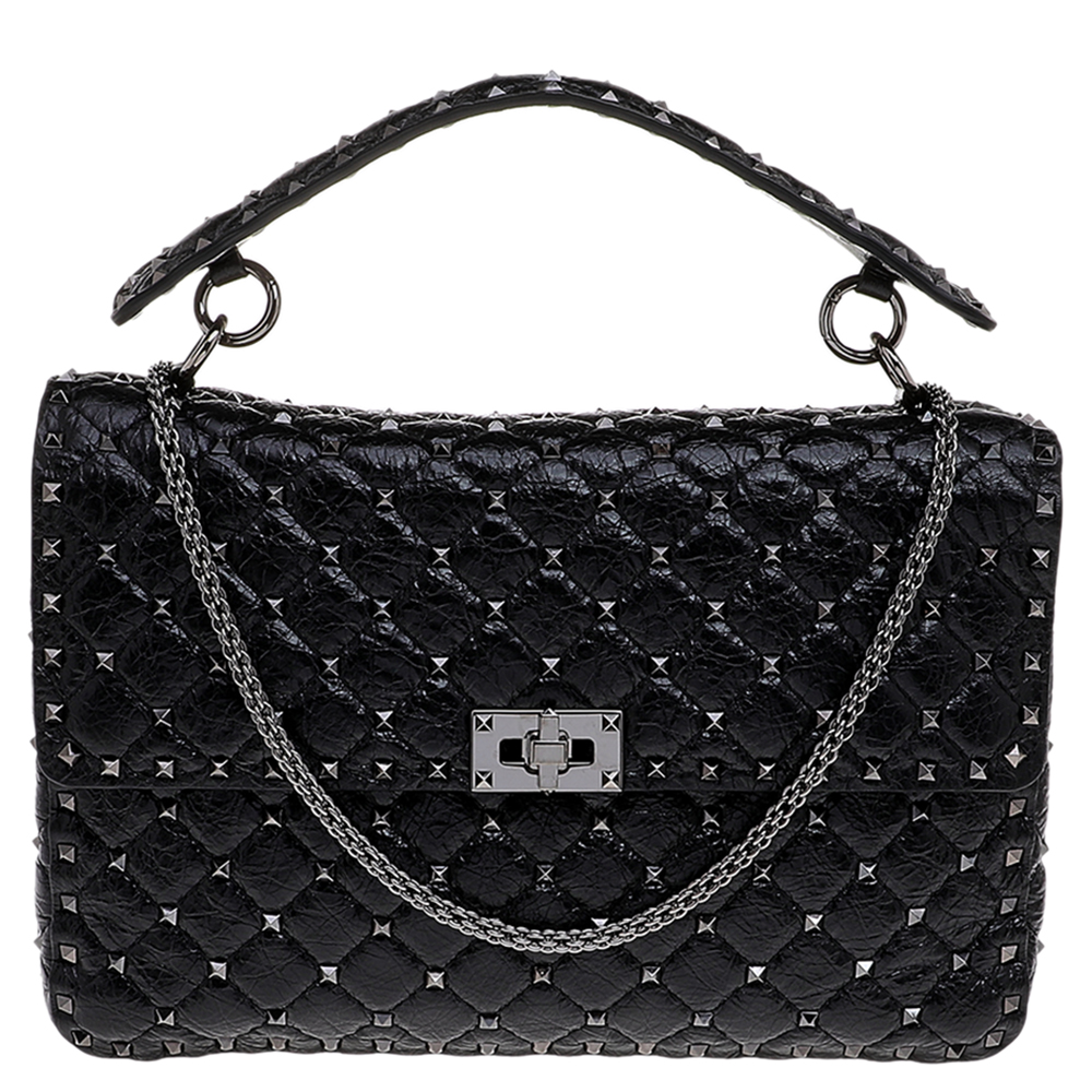 Pre Owned Valentino Black Crinkled Quilted Leather Large Rockstud Spike Top Handle Bag