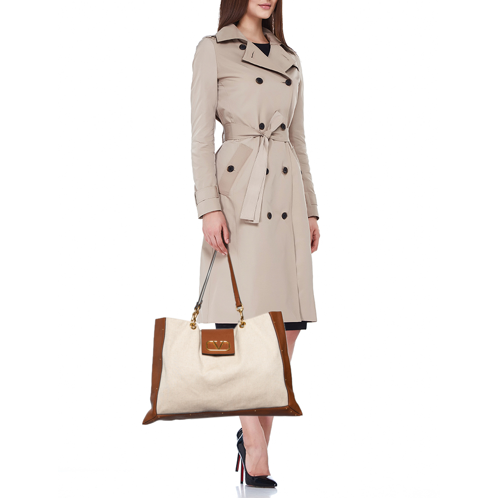 

Valentino Beige/Brown Canvas and Leather City Safari Tote