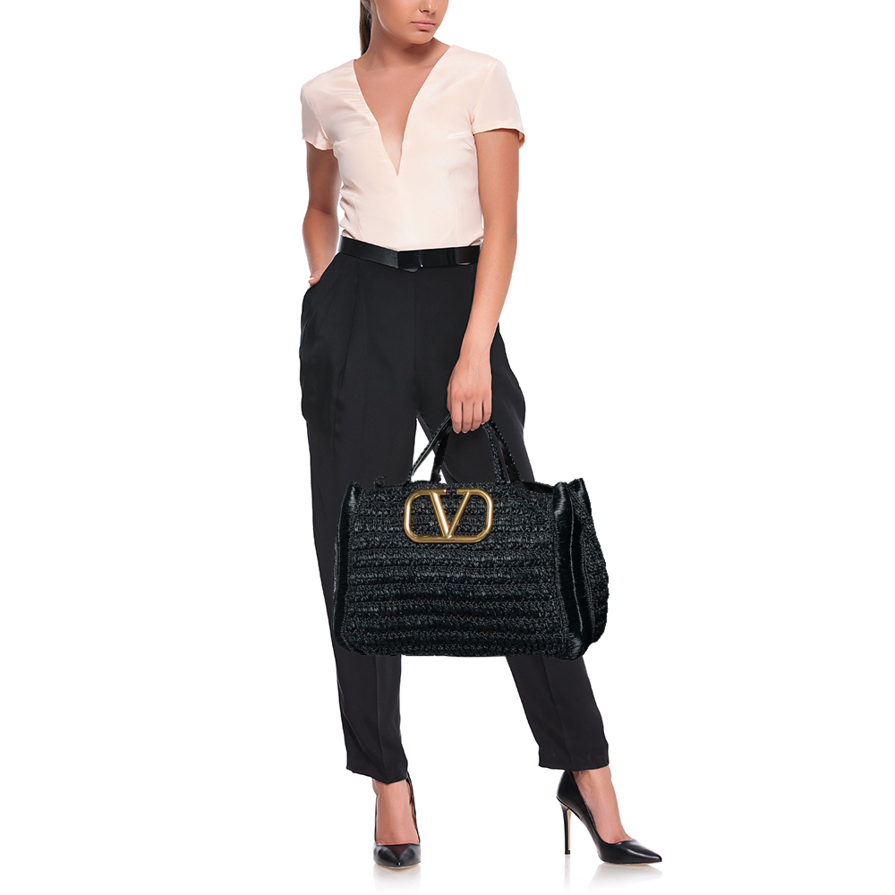 

Valentino Black Straw Supervee Tote