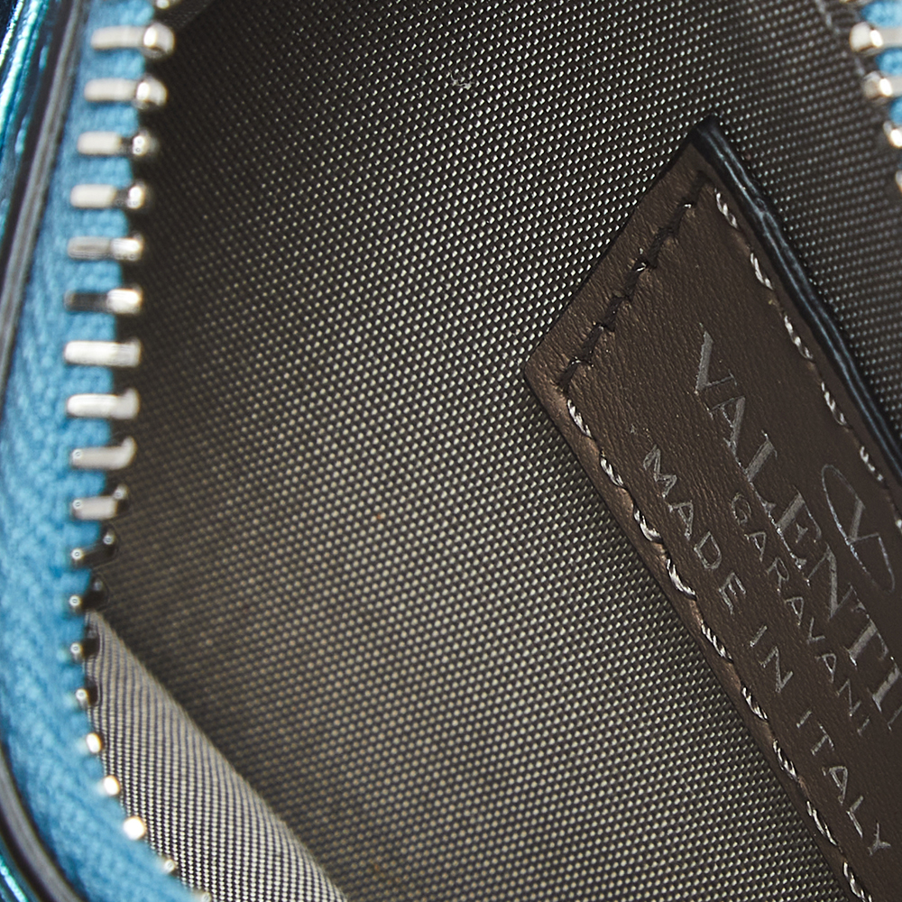 

Valentino Metallic Blue Leather Rockstud Zip Card Case