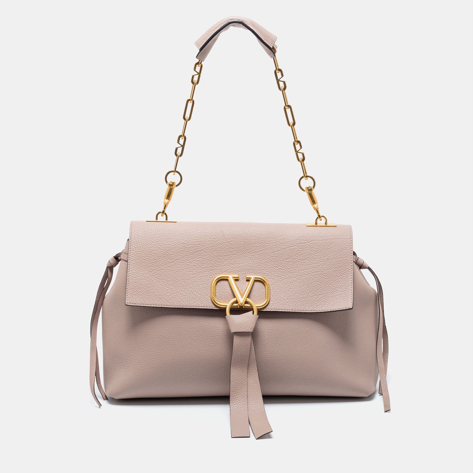 Pre-owned Valentino Garavani Beige Poudre Grained Leather Vring Flap ...