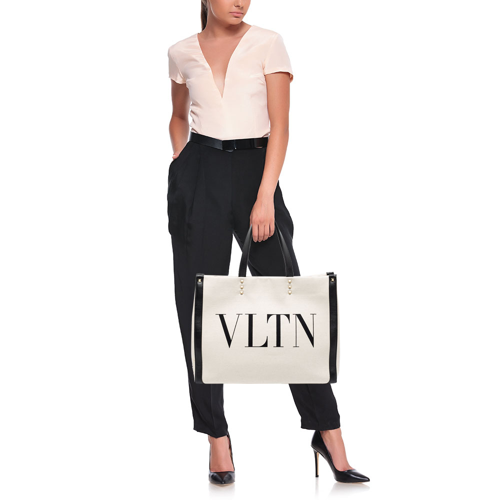 

Valentino White/Black Canvas and Leather VLTN Logo Tote