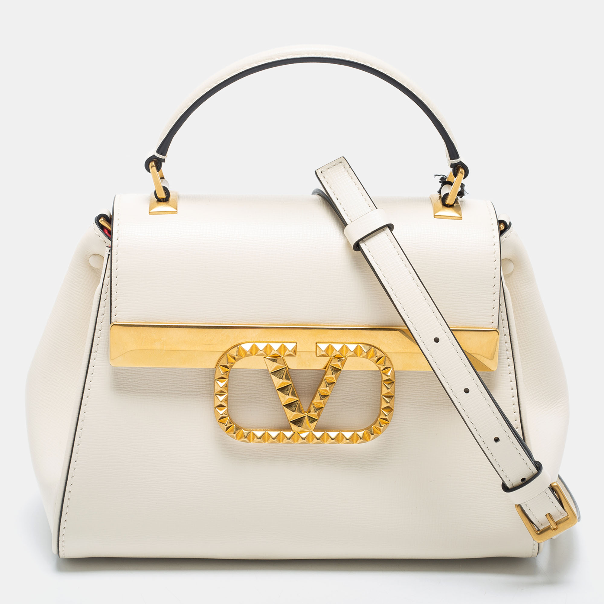 Pre Owned Valentino Ivory Leather Small Rockstud Top Handle Bag
