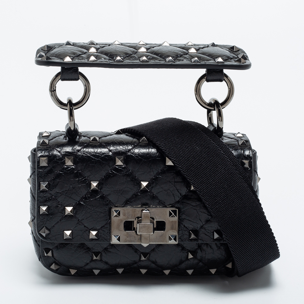 Pre Owned Valentino Black Leather Micro Rockstud Spike Top Handle Bag