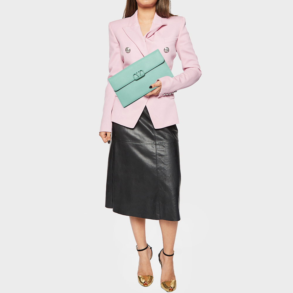 

Valentino Mint Green Leather Vlogo Envelope Clutch