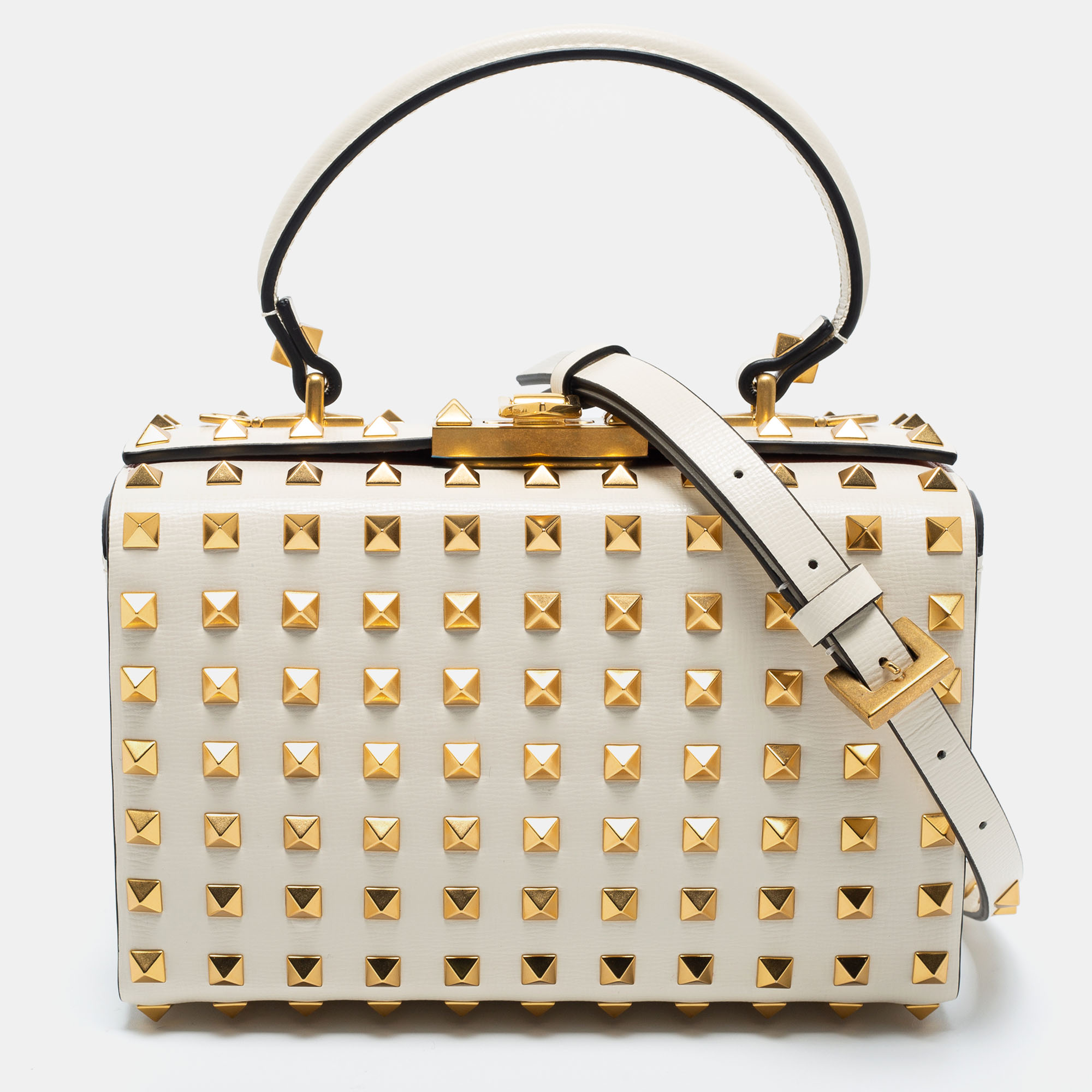 Pre Owned Valentino Off White Leather Rockstud Alcove Top Handle Bag