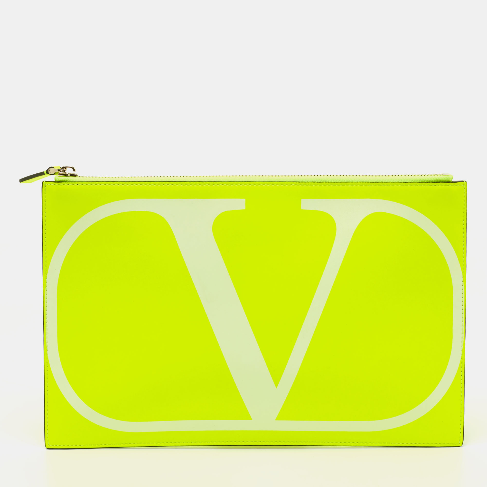 Pre-owned Valentino Garavani Neon Green Leather Vlogo Flat Zip Pouch
