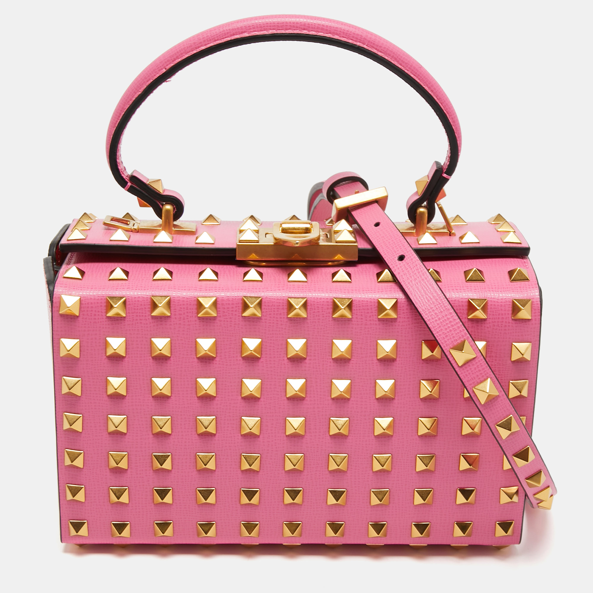 Pre Owned Valentino Pink Leather Rockstud Alcove Top Handle Bag
