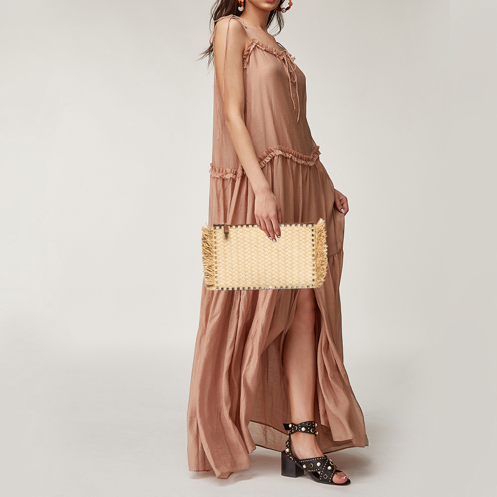 

Valentino Brown/Natural Raffia and Leather Rockstud Zip Pouch