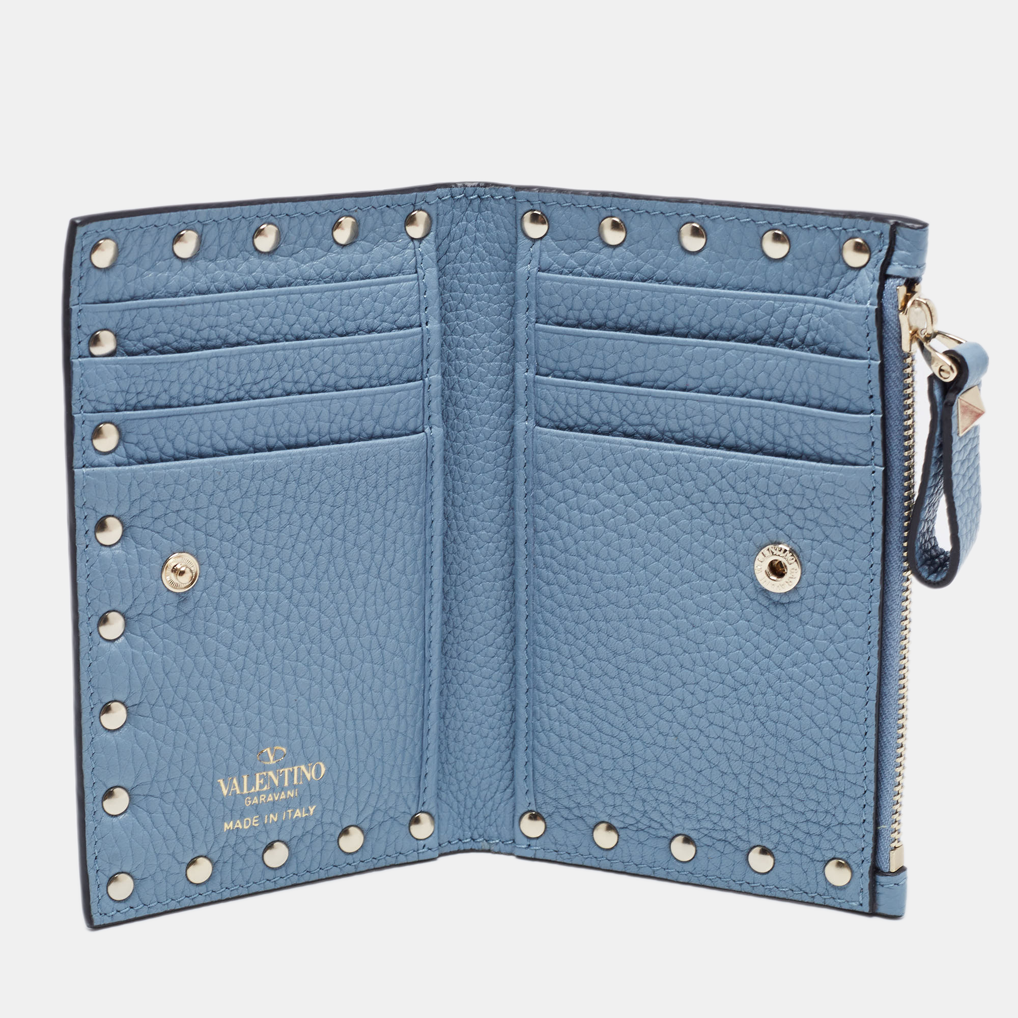 

Valentino Light Blue Leather Rockstud Zip Card Case