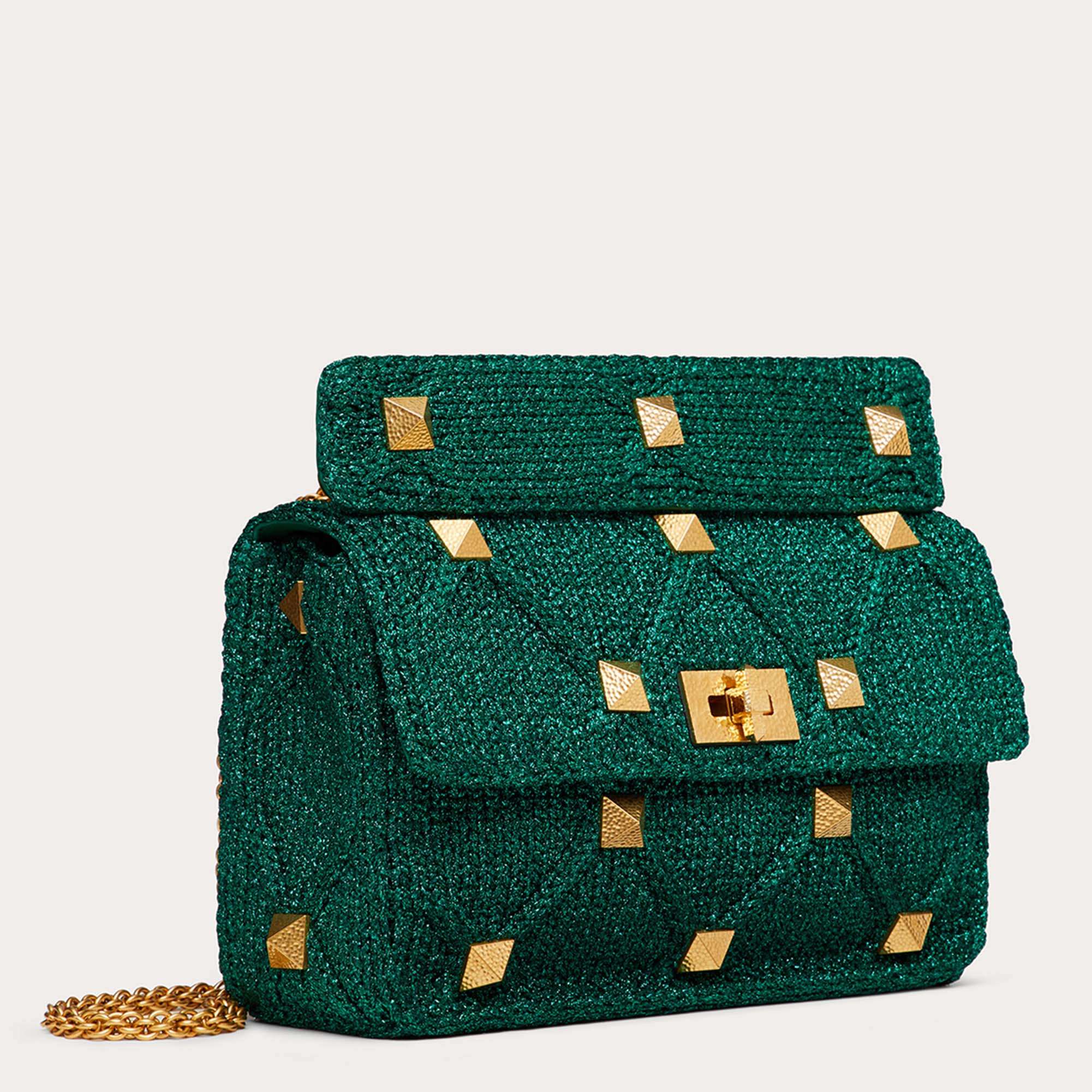 

Valentino Green Lurex Woven Fabric Roman Stud Large Shoulder Bag