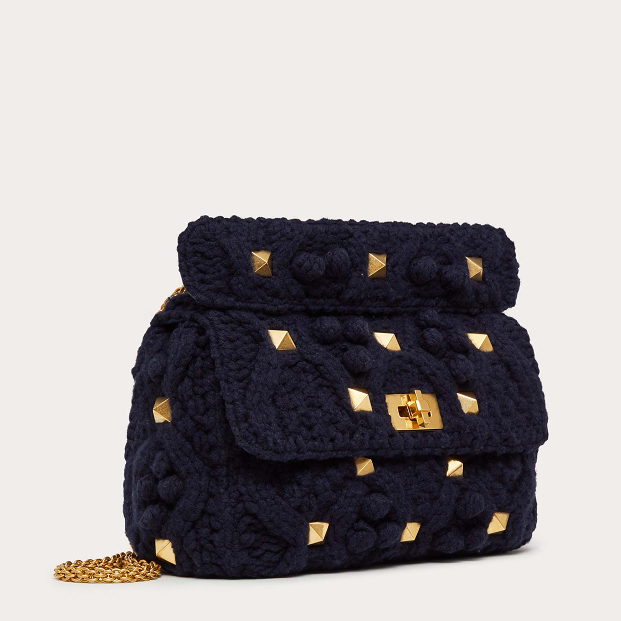 

Valentino Dark Blue Cashmere Knitted Large Roman Stud Shoulder Bag