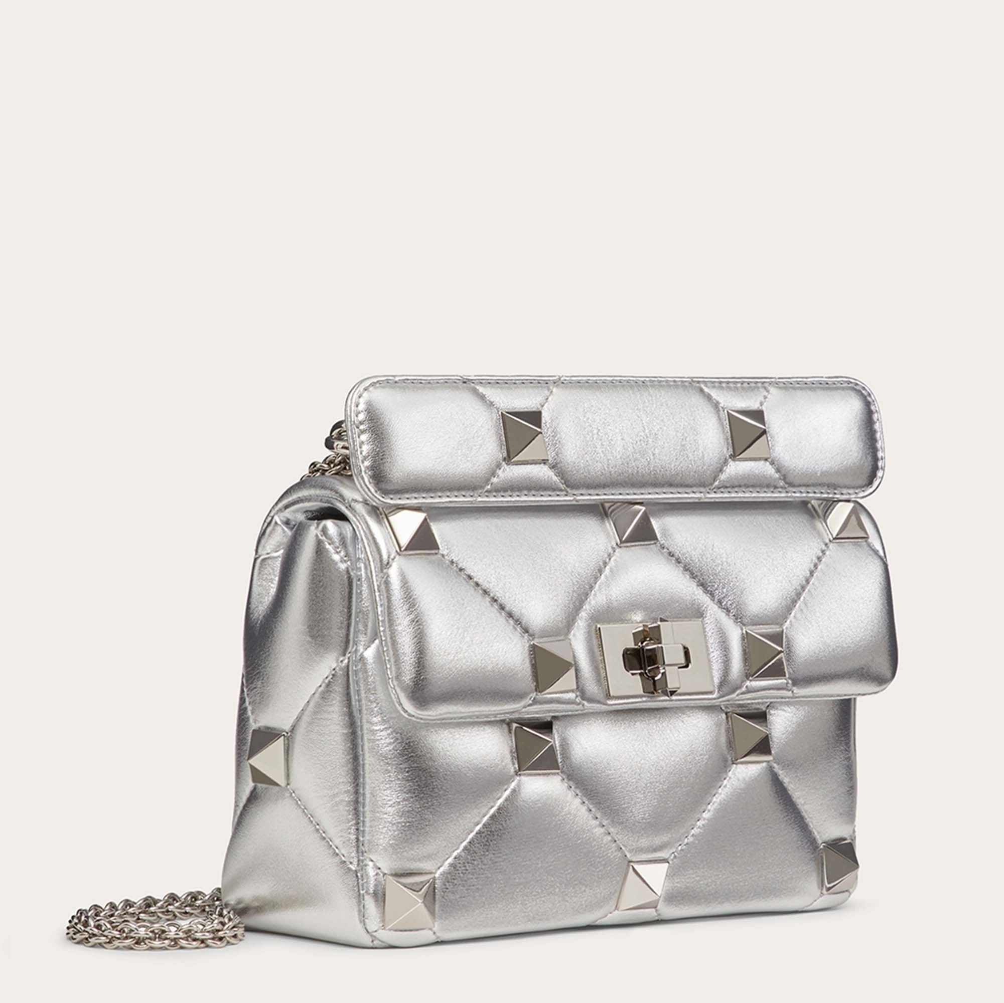 

Valentino Silver Quilted Leather Roman Stud Shoulder Bag