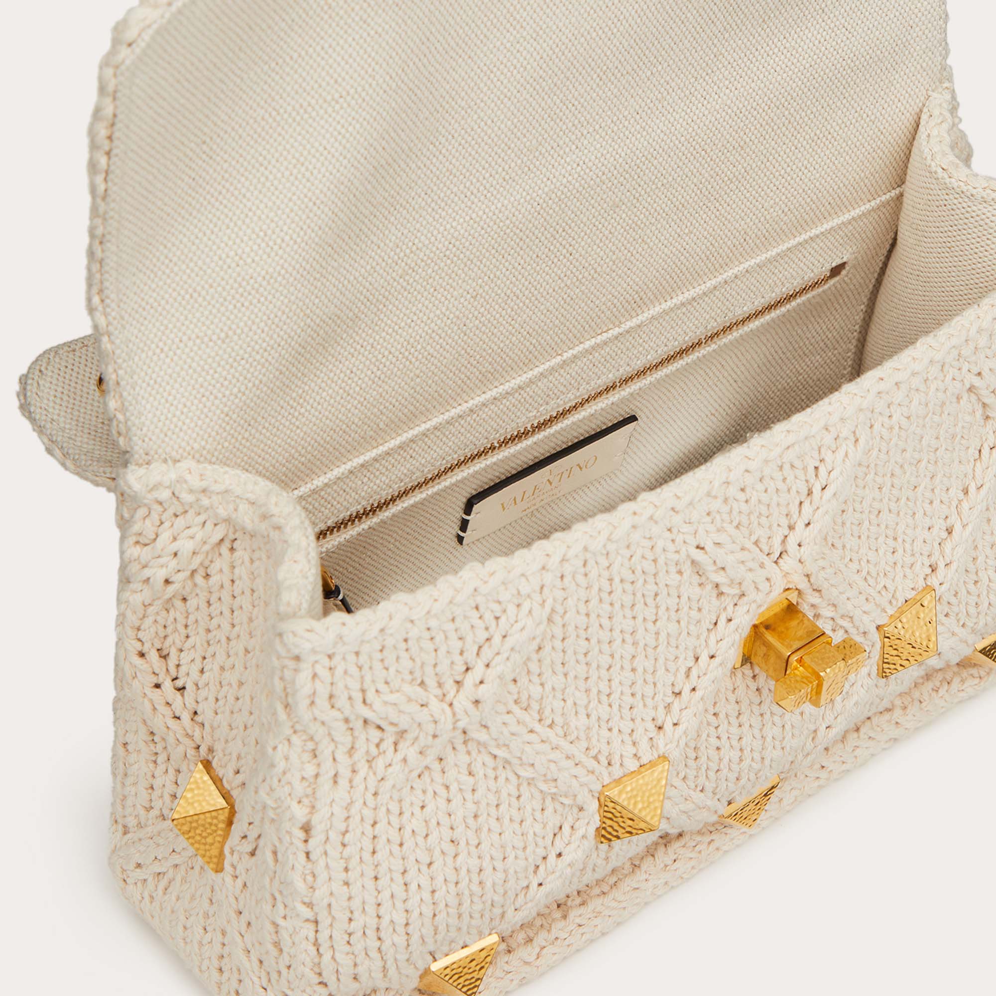 

Valentino Off-White Lurex Knit Fabric Roman Stud Shoulder Bag