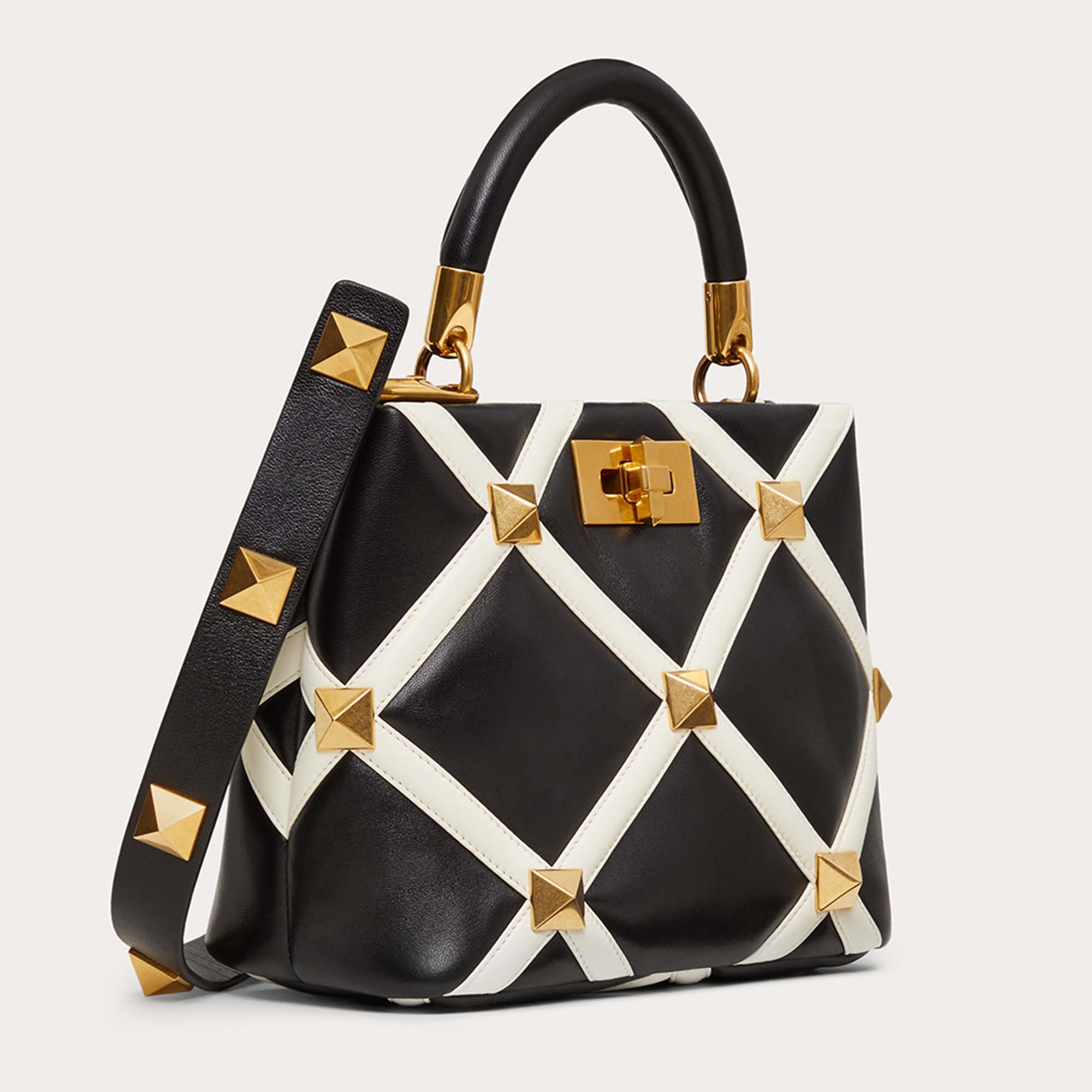 

Valentino Black/Off-White Quilted Leather Roman Stud Top Handle Bag