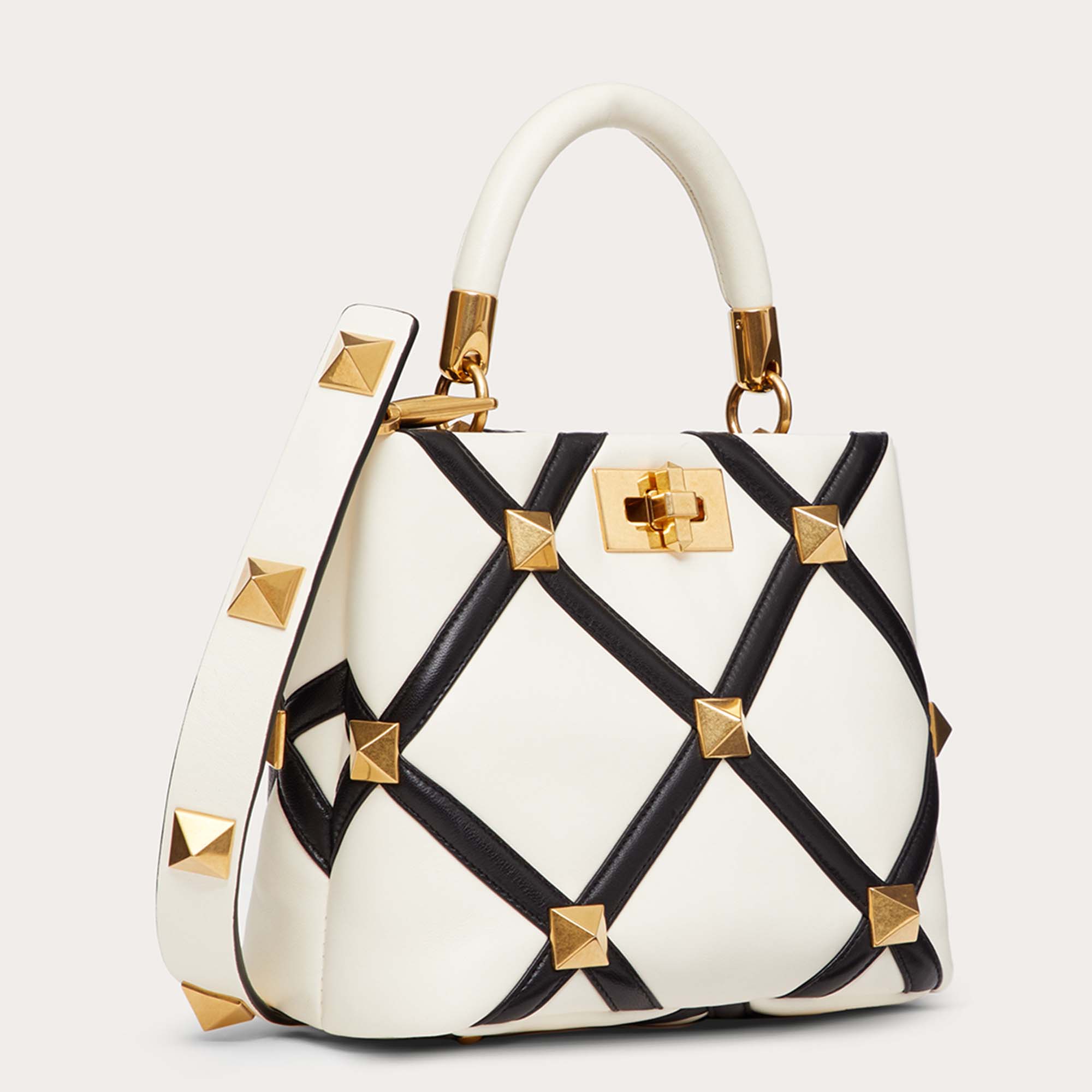 

Valentino Off-White/Black Quilted Leather Roman Stud Top Handle Bag