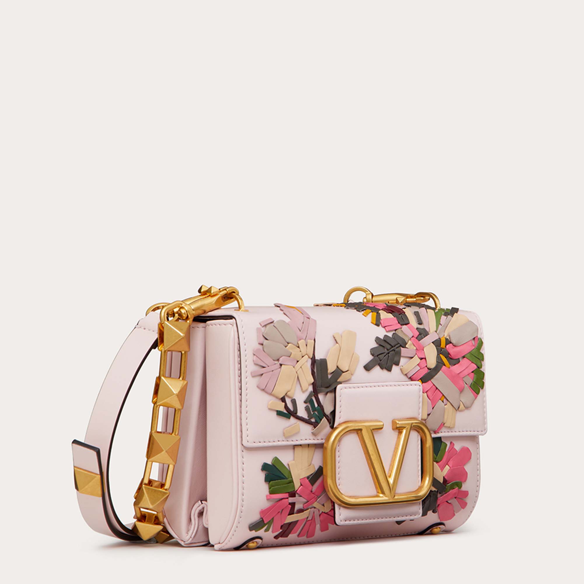 

Valentino Pink Leather Floral Embroidery Stud Sign Shoulder Bag