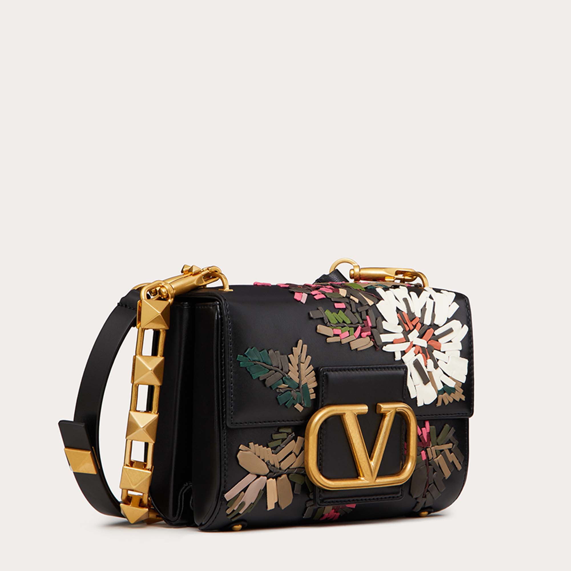 

Valentino Black Leather Floral Embroidery Stud Sign Shoulder Bag
