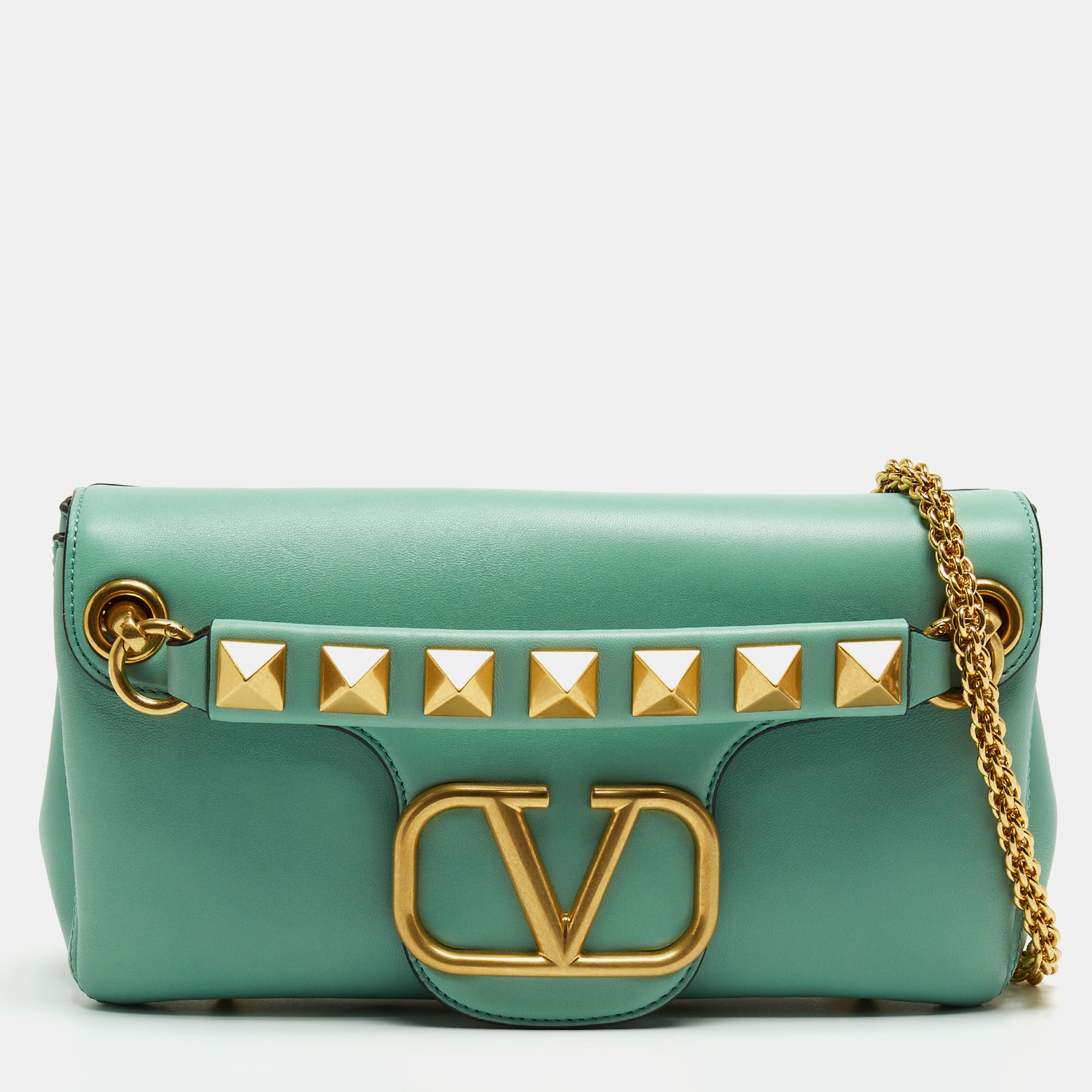 مملوكة مسبقًا Valentino Mint Green Leather Stud Shoulder Bag