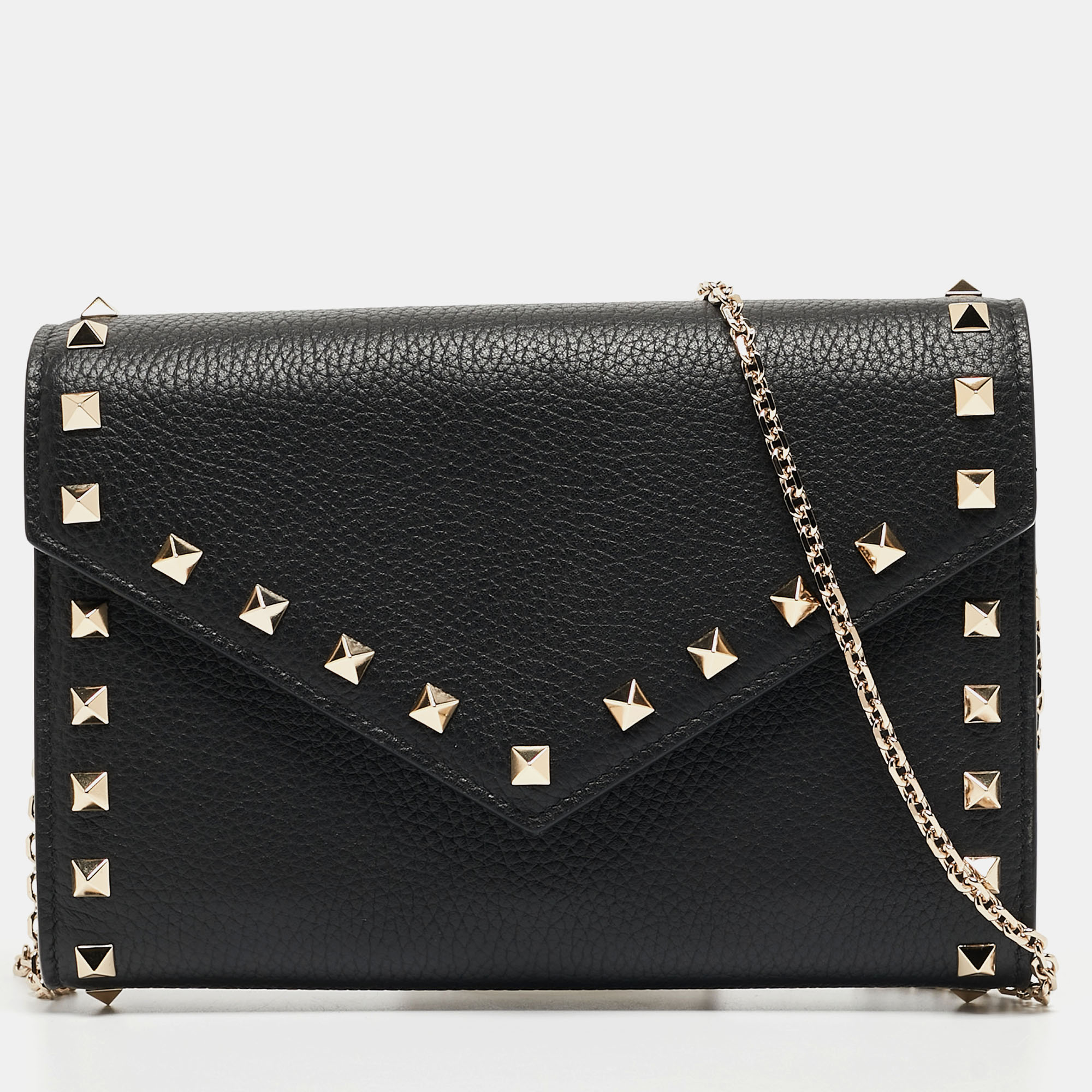 Pre Owned Valentino Black Leather Rockstud Envelope Wallet on Chain