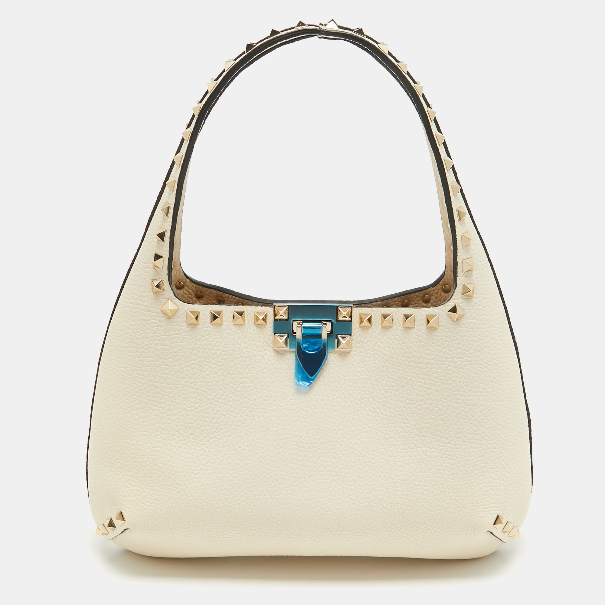 Pre-owned Valentino Garavani Ivory Leather Small Rockstud Hobo In White