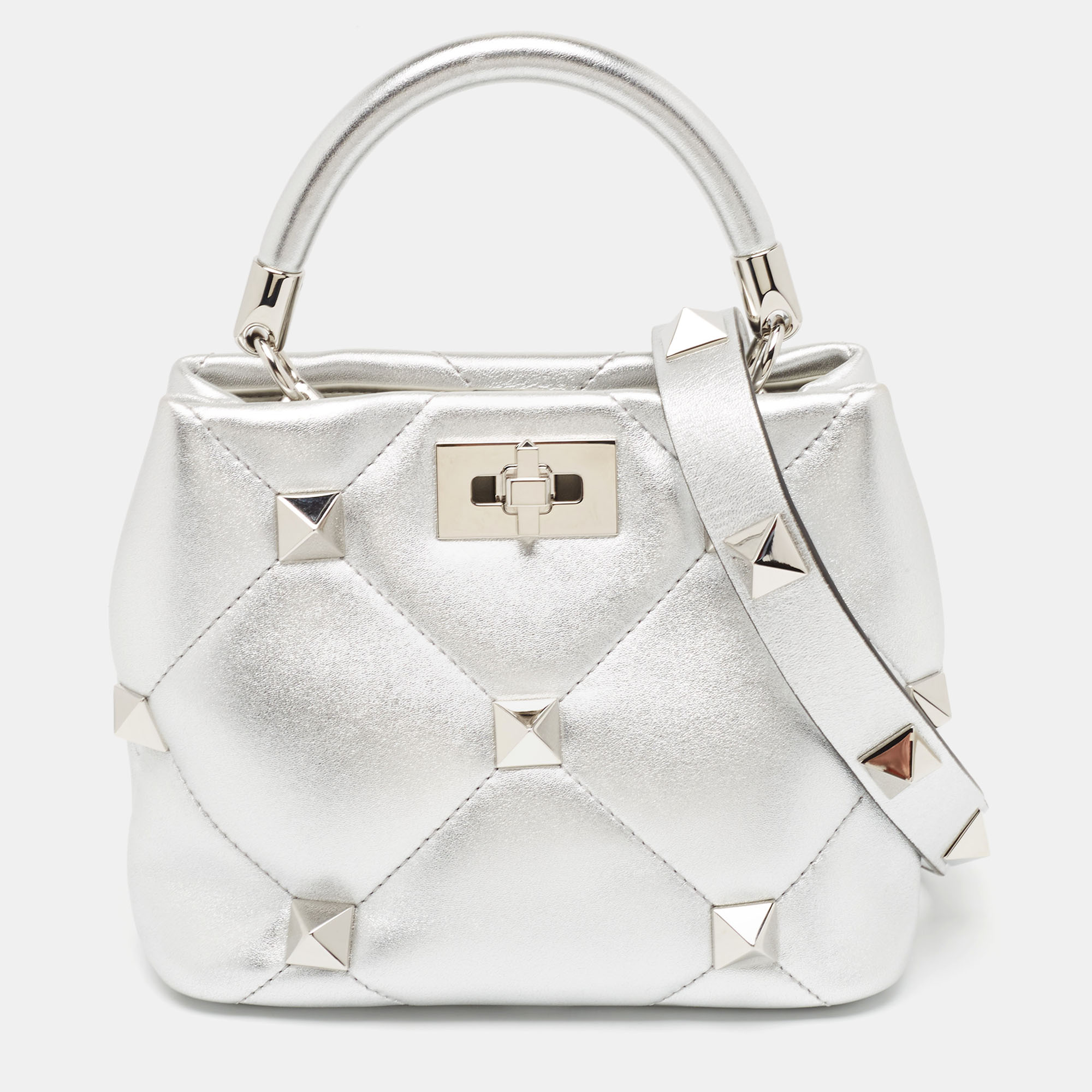 

Valentino Silver Quilted Leather Small Roman Stud Top Handle Bag