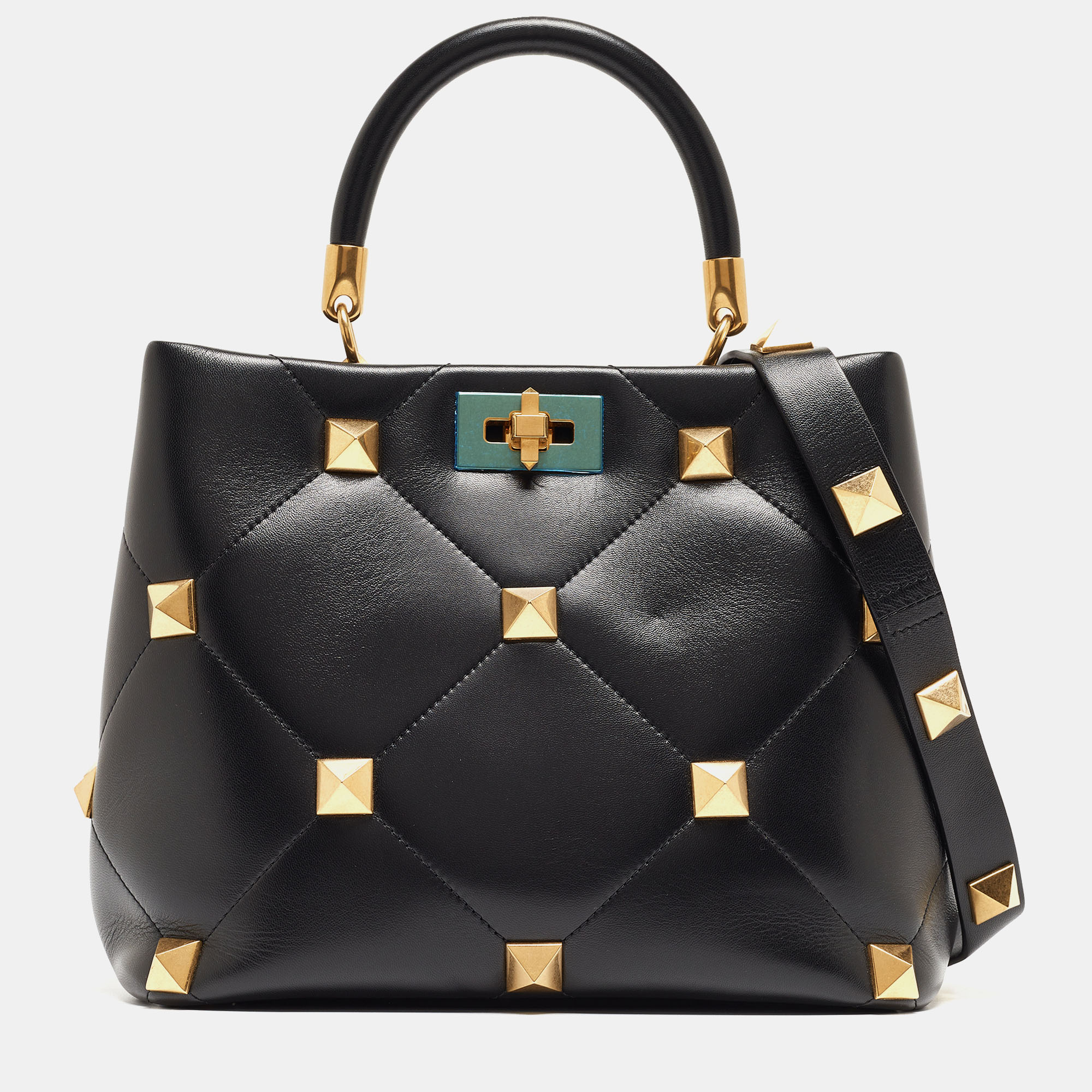 

Valentino Black Quilted Leather Medium Roman Stud Top Handle Bag
