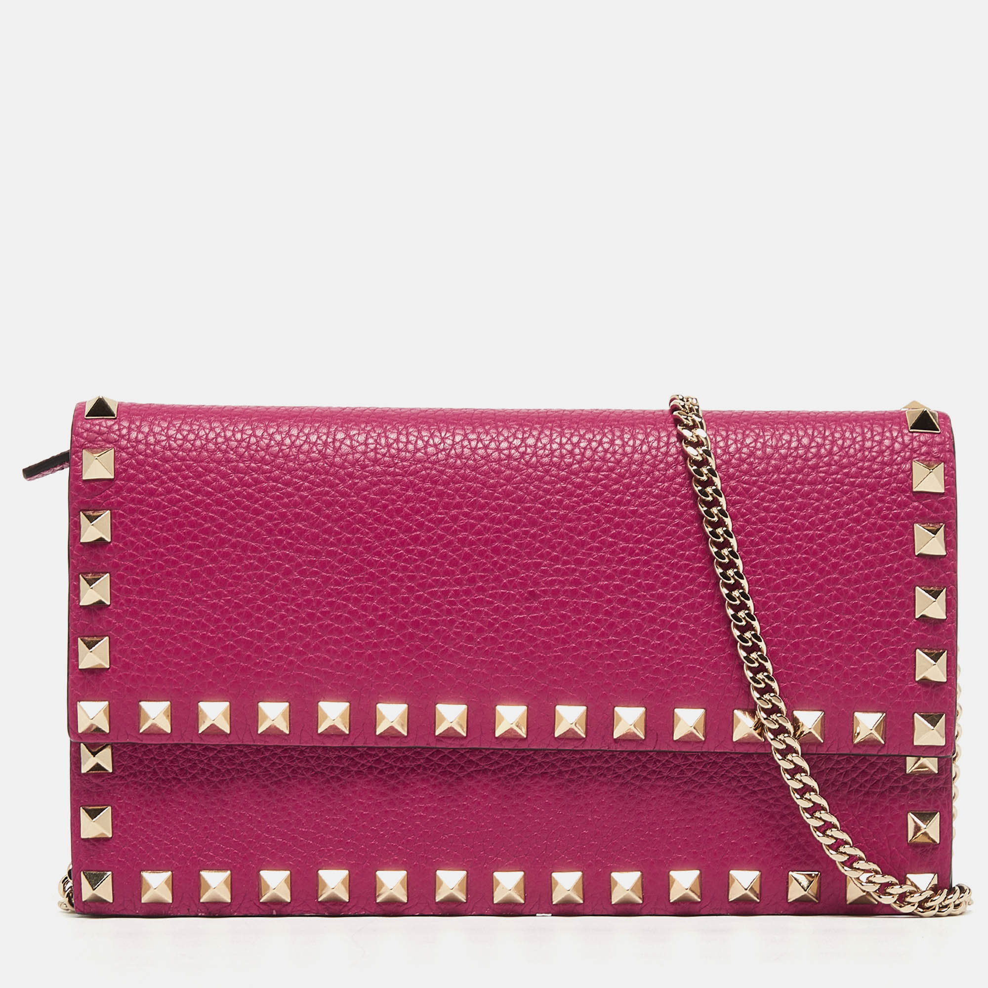 Pre-owned Valentino Garavani Fuchsia Leather Rockstud Flap Wallet On Chain In Pink