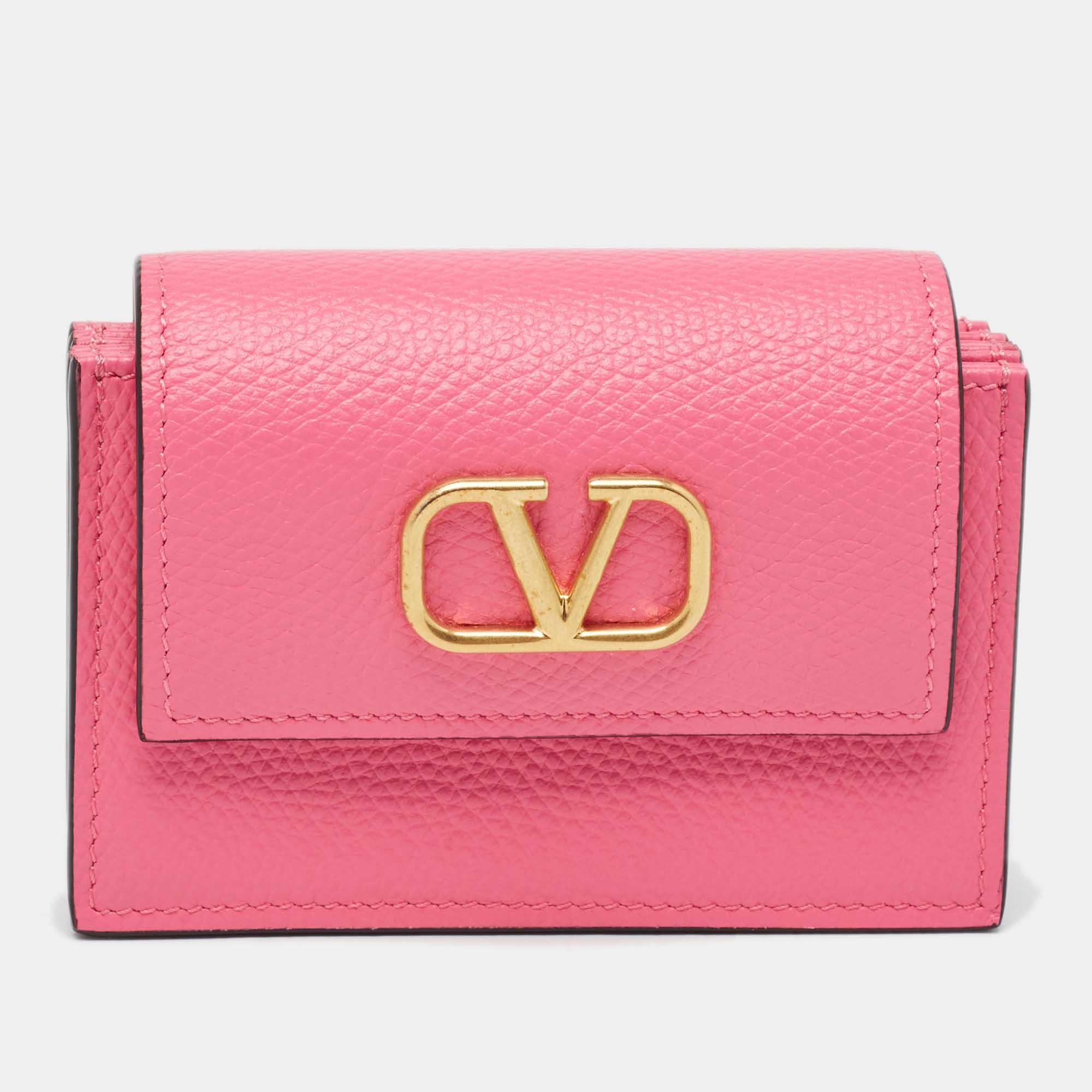 Pre-owned Valentino Garavani Pink Leather Vlogo Gusset Card Case