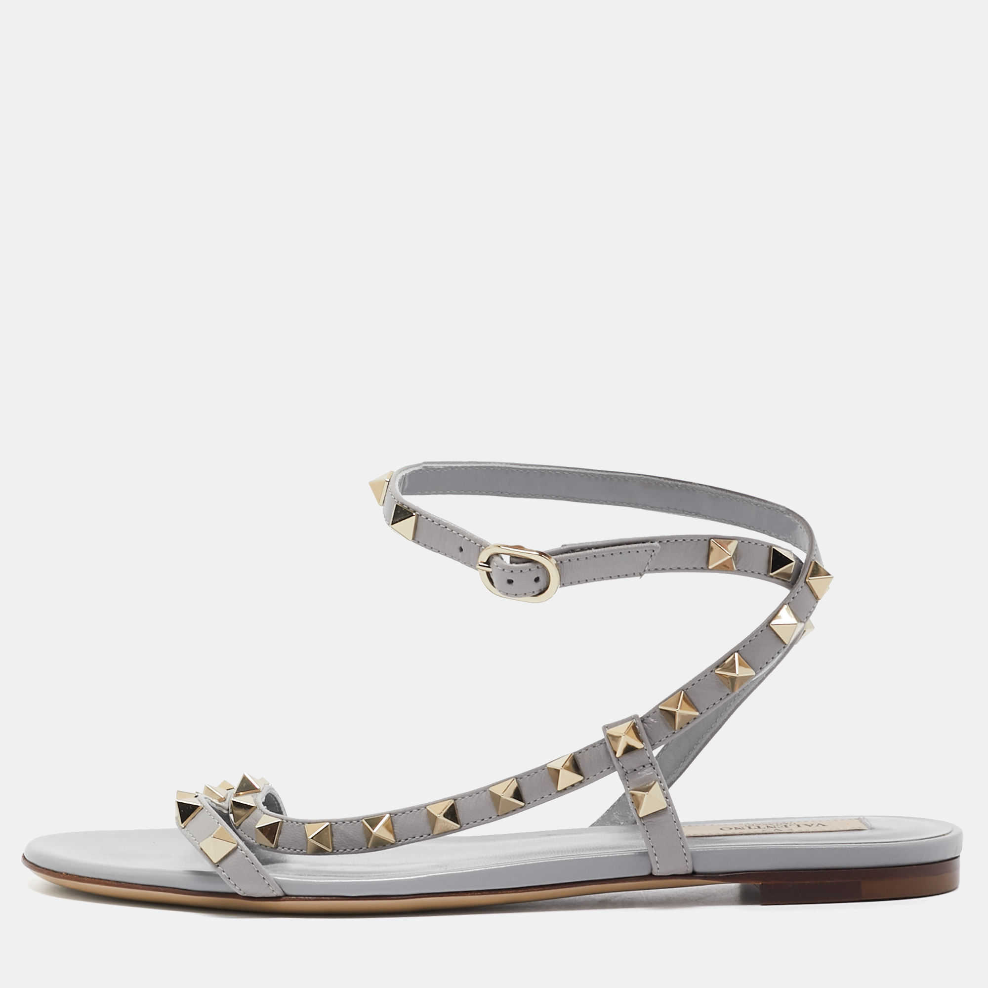 

Valentino Grey Leather Rockstud Strappy Flat Sandals Size