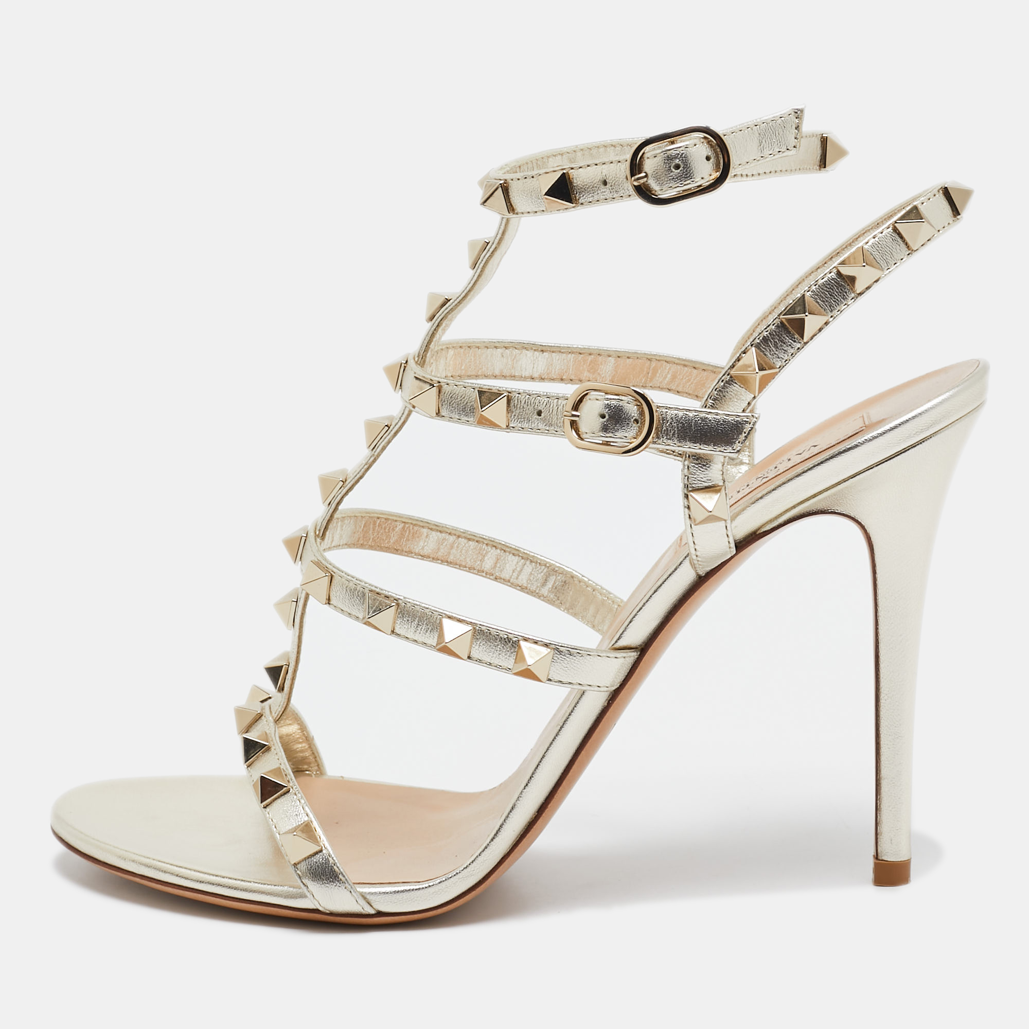 

Valentino Gold Leather Rockstud Ankle Strap Sandals Size