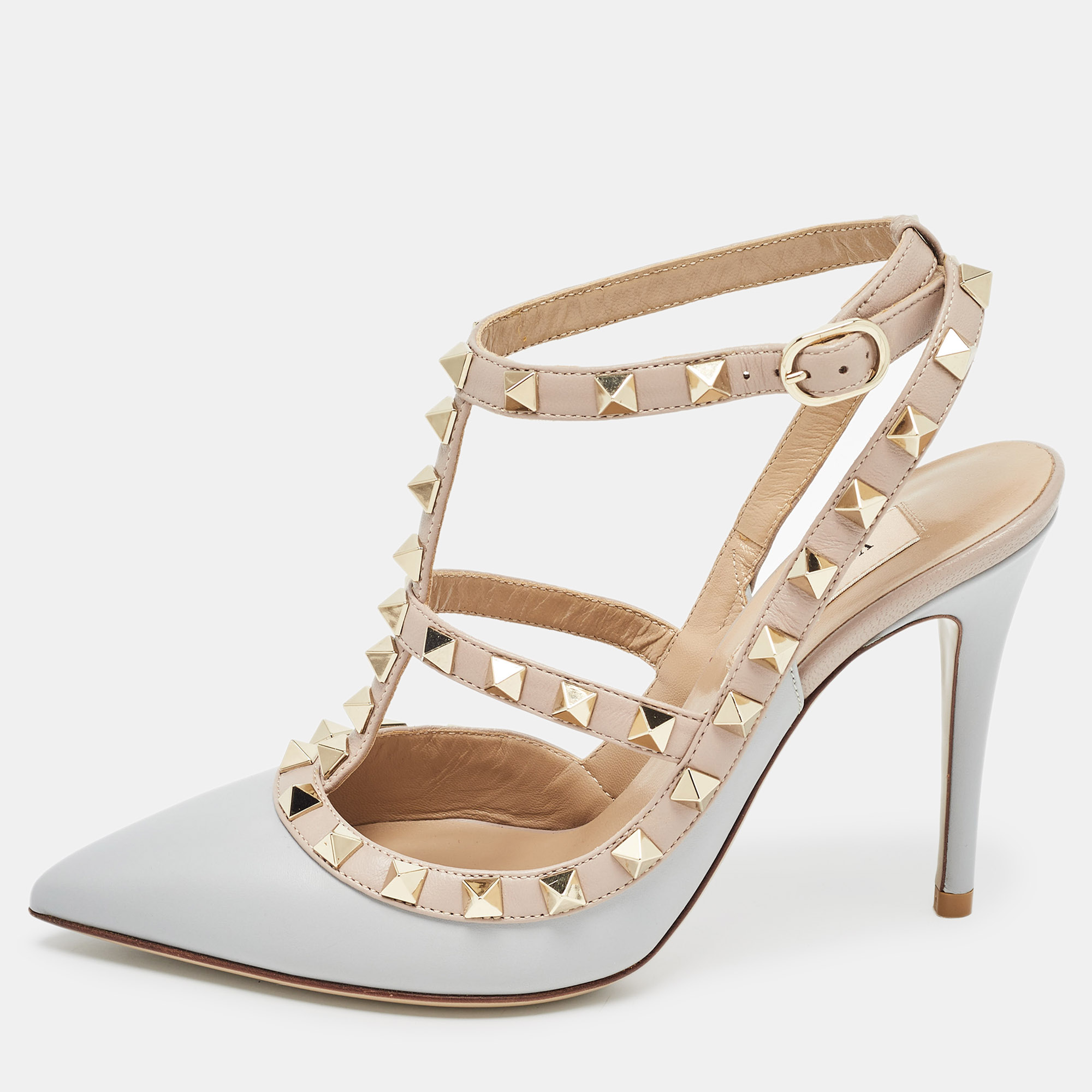 

Valentino Grey/Dusty Pink Leather Rockstud Ankle Strap Pumps Size